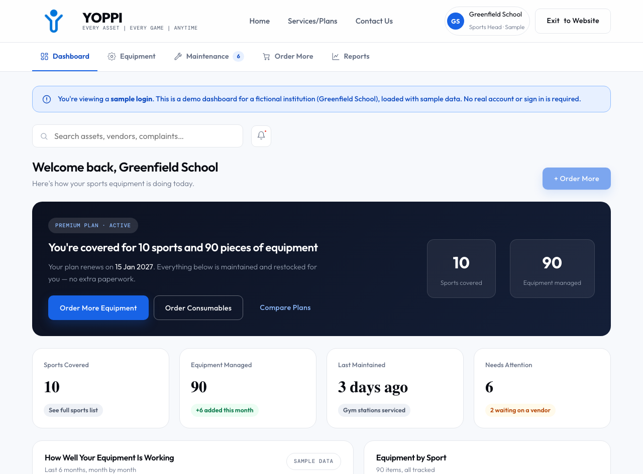 MatchGrade sample dashboard showing tagged assets, equipment uptime and open issues for Greenfield School